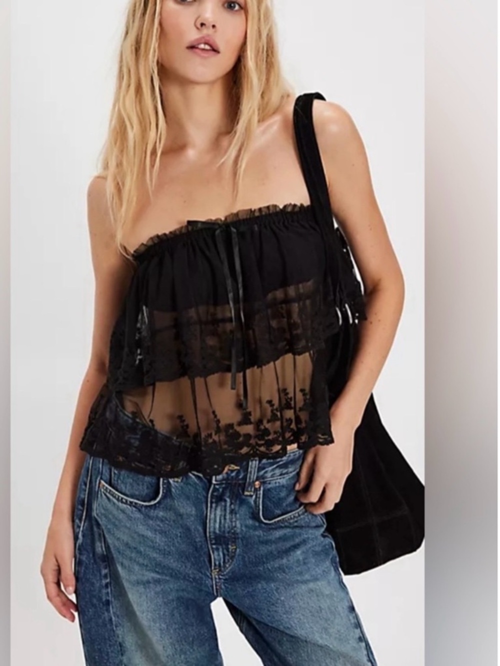 Free People Black Sheer Strapless Lace Tiered Crop Top